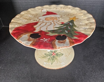 Vintage Maxcera Corporation Woodlands Santa Ceramic Pedestal Cake Stand 10" Tall