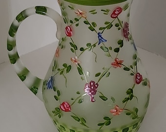 Frosted Glass Pitcher Hand Painted Multi Floral & Green Checks Annie&#39;s Treasures 8 1/4&quot; Tall