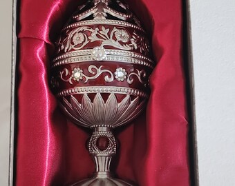 Jane Seymour Burgundy Silver Jeweled Enamel Hinged Egg Music Box
