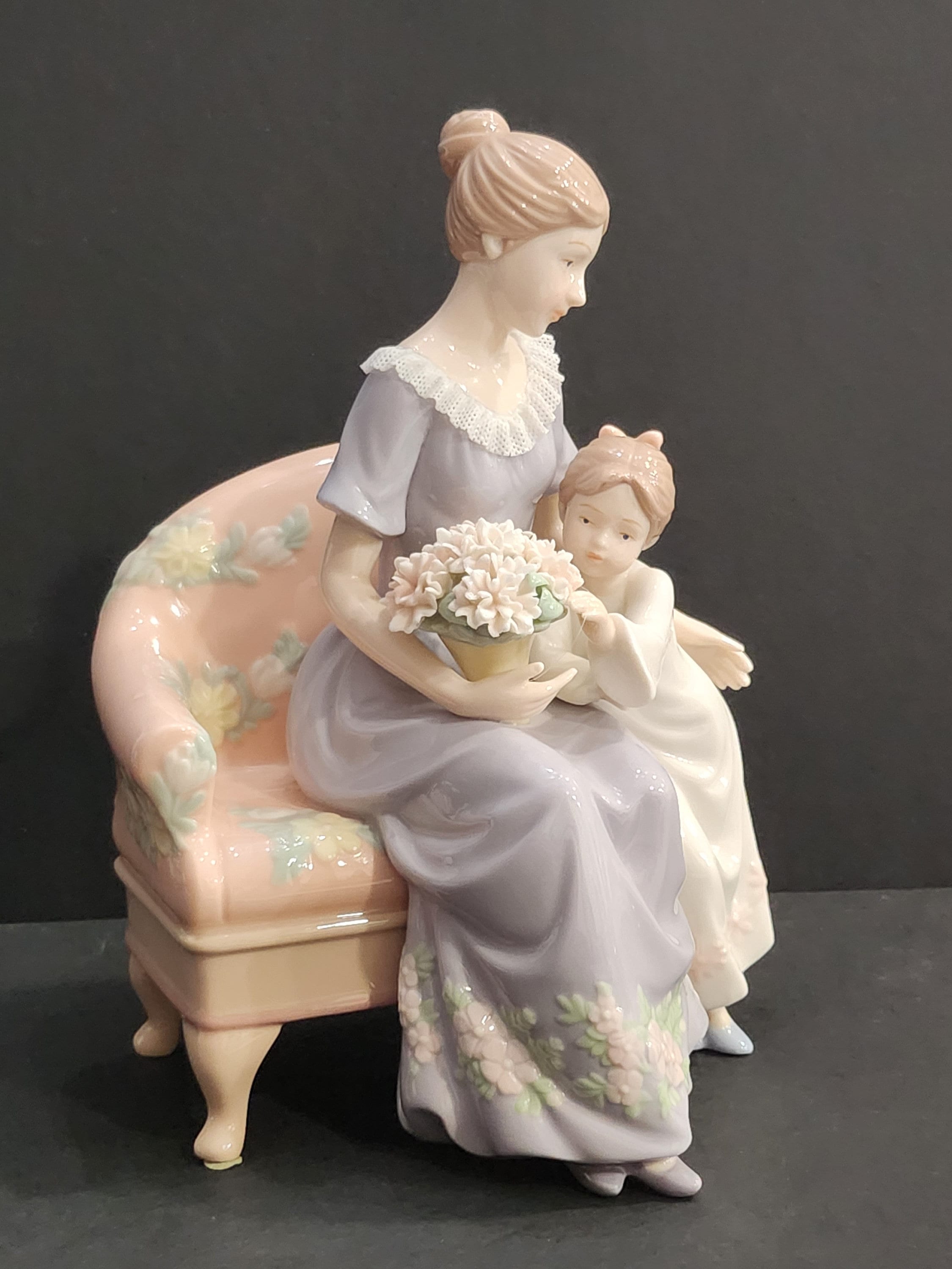 Lladro Style Mother and Child With Flowers Ceramic Figurine by