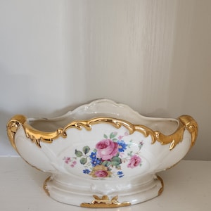 Vintage Antique Porcelain Oval Centerpiece Bowl with Flowers and Gold Trim
