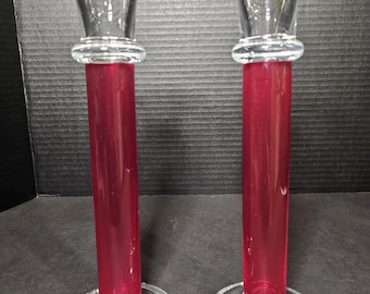 Set of 2 Elegant Crate and Barrel Ruby Red and Clear Tall Glass Candlestick Hold