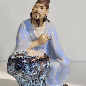 Vintage Chinese Mudman Scholar Figurine Shiwan Artistic Ceramics, Bearded Wise Man Figurine