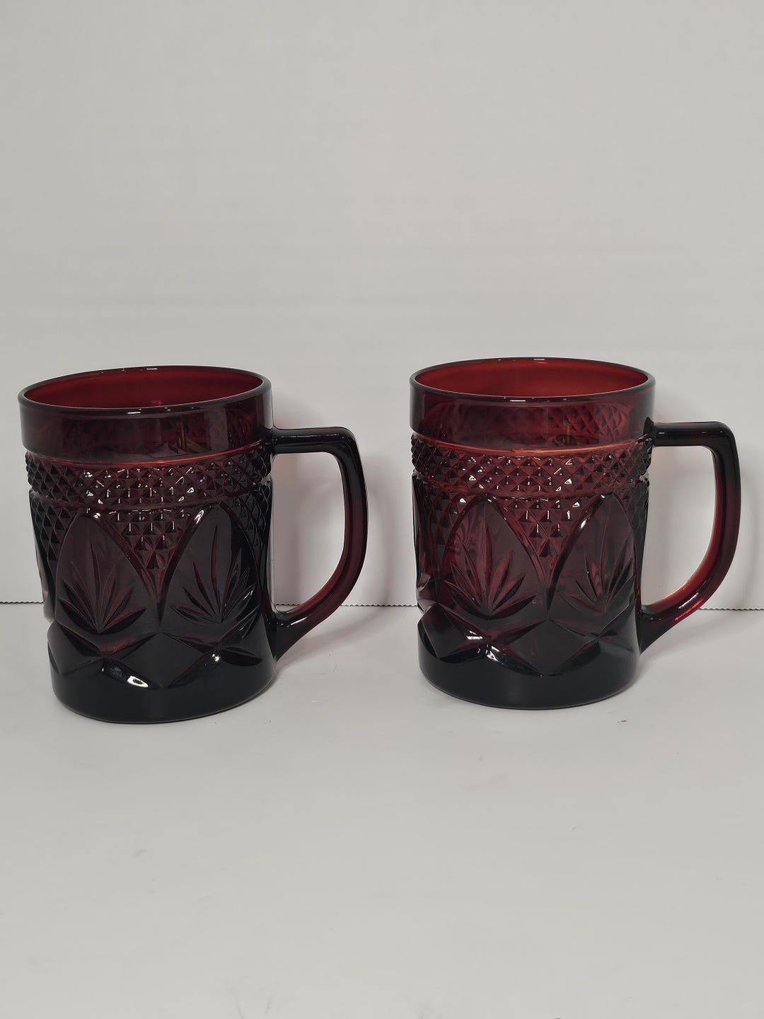 2 Ruby Red Cristal D' Luminarc Press Glass Coffee/tea Mug Made in