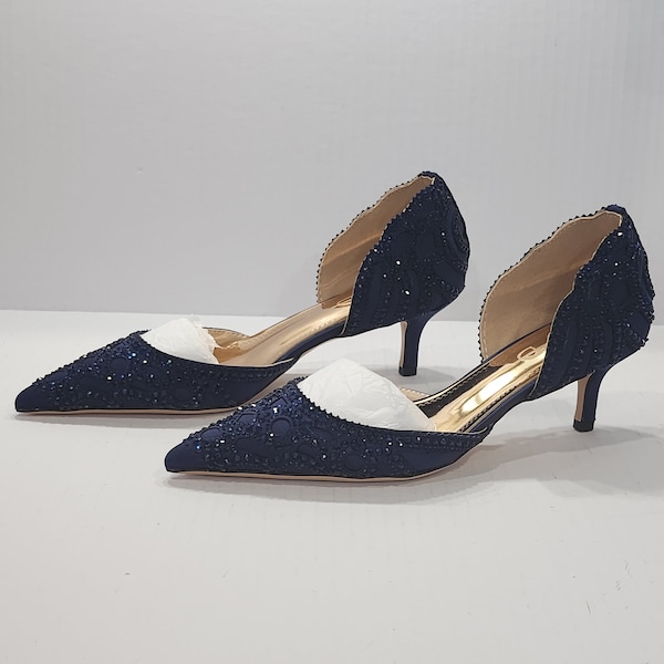 New XYD Women's Navy Crystal Studded Pointed Toe Kitten Heels Size 8