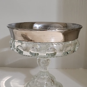 Rare Find Vintage Indiana Glass Smiths King Crown 7  1/4&quot; Thumbprint Compote with Silver Rim