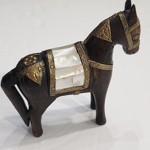 Hand Carved Wooden Armoured Horse Figurine with Hammered Brass and Mother of Pearl Inlay Saddle