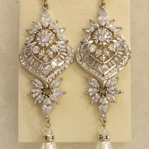 Bridal/ Silver Highly Dramatic Ornate Vintage CZ and Dangle Pearl Earrings New