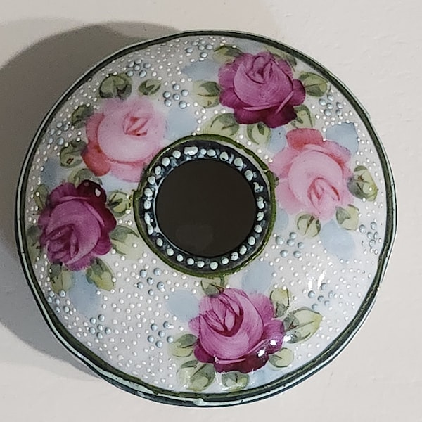 Antique Hair Receiver Dresser Jar Roses Floral Textured Paint Vintage Porcelain