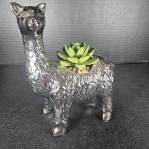 May include: A silver-colored ceramic llama planter with a faux succulent plant. The llama has a textured coat and is standing on four legs. The succulent is green and sits in a bed of small pebbles.