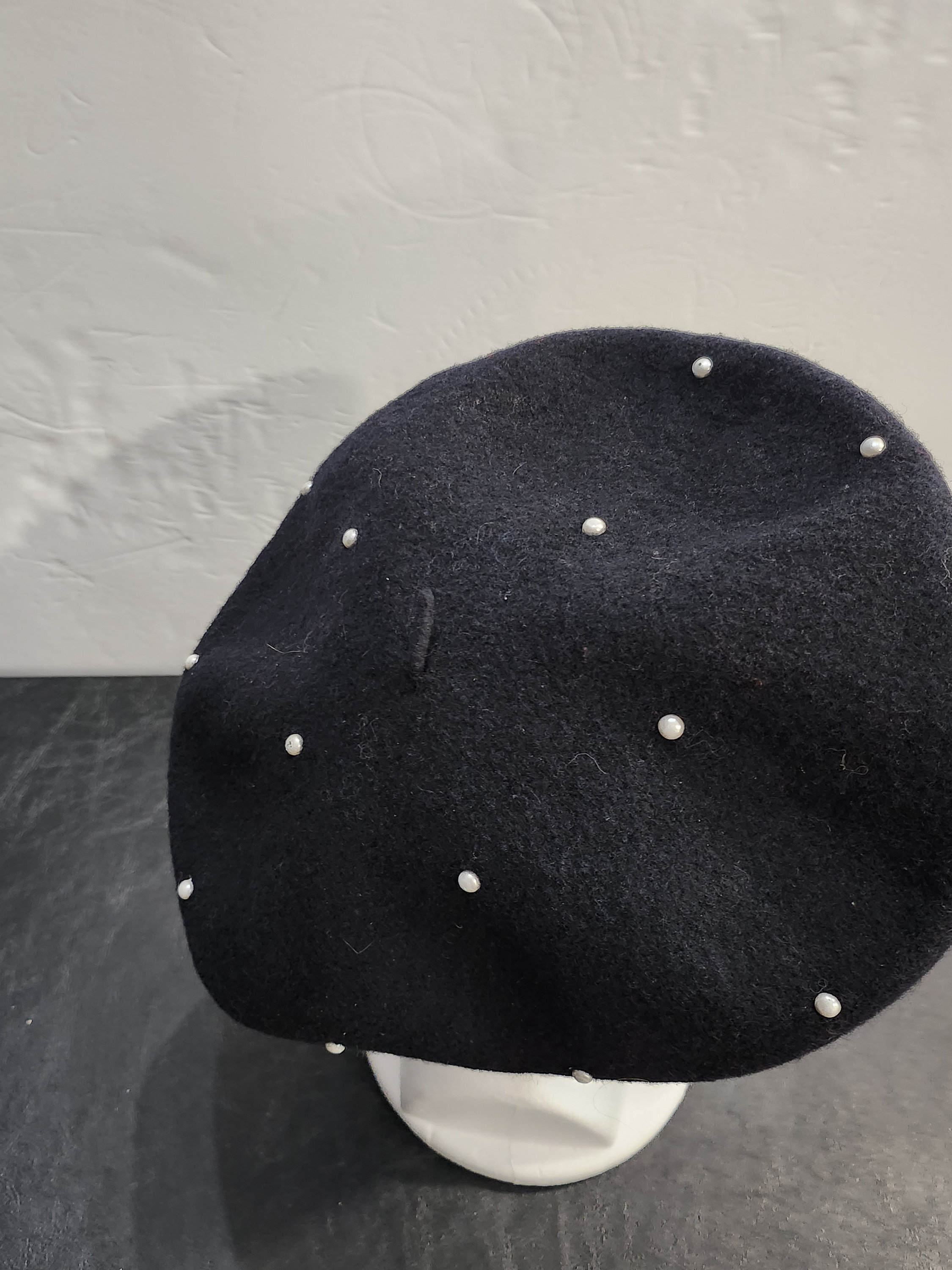Vintage Wool Beret: Black Pearl Accent, Made in Hong Kong - Etsy display picture 2