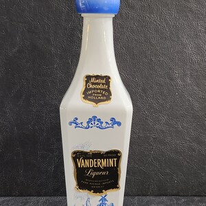 Vandermint Liquor Bottle 1970s Milk Glass Windmills And Sailboats Tulip Top Blue