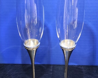 Gorham Razzle Dazzle Champagne Flute With Crystals Silvertone Wedding Flutes in Box