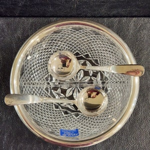 FB Rogers Silver Company Lead Crystal Divided Bowl With Silver Plated Rim Two Utensils West Germany
