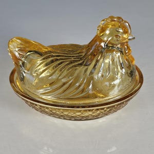 Vintage Hen On Nest Translucent Amber Glass Hen Candy Dish Continental Can Co.
