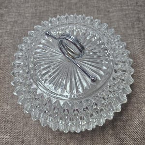 Beautiful Clear Diamond Point Indiana Glass Lidded Candy Dish With Chrome Handle