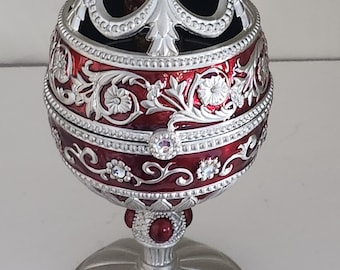 Jane Seymour Burgundy Silver Jeweled Enamel Hinged Egg Music Box