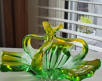 Murano verde/amarillo 1960 Cristello Vanessa CCC cesta de vidrio de espuma libre verde con brillos de cadmio