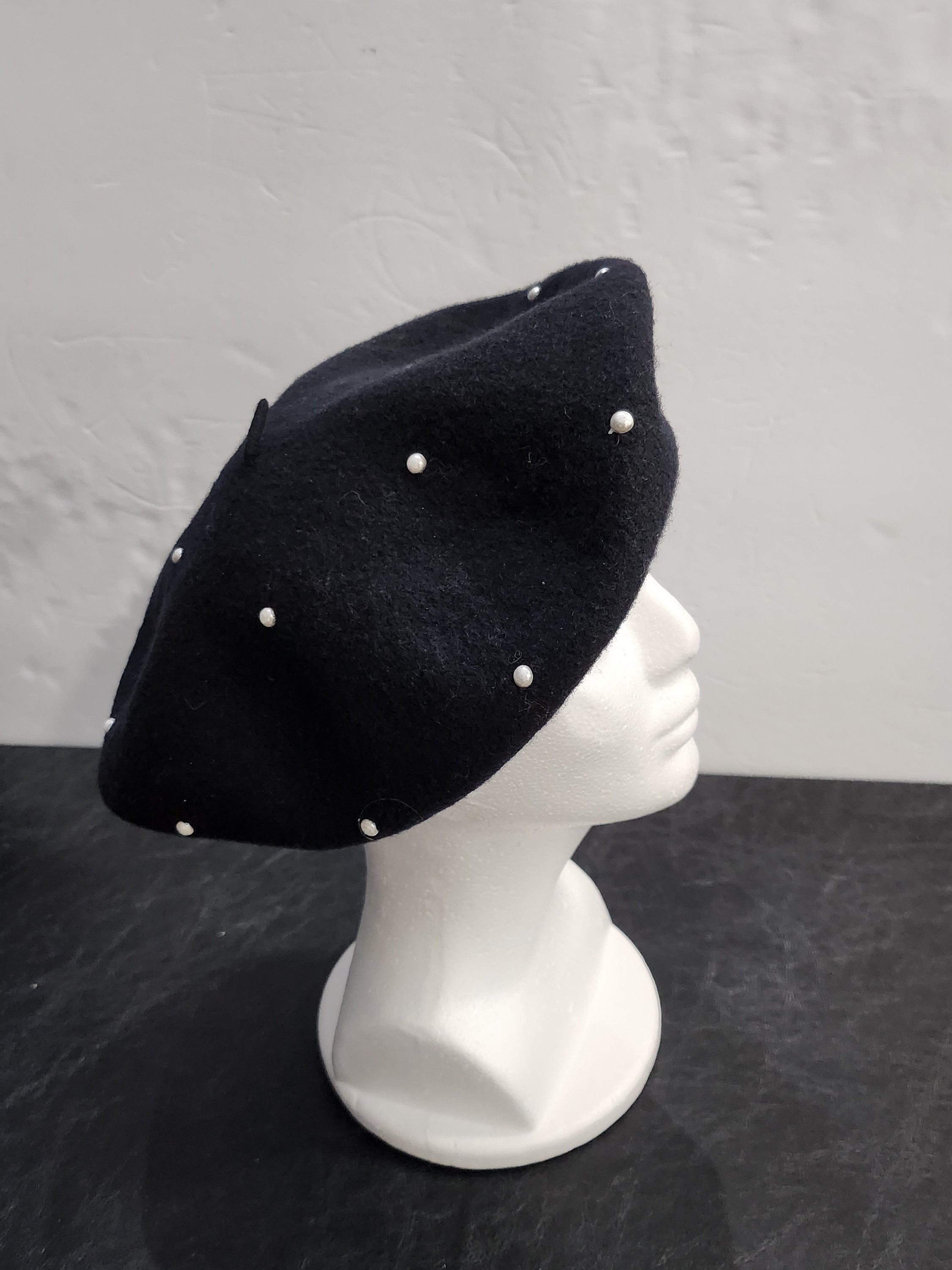 Vintage Wool Beret: Black Pearl Accent, Made in Hong Kong - Etsy display picture 3