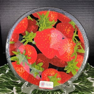 Peggy Karr Strawberry Art Glass Plate: Signed Fused Glass, 8&quot; in Box