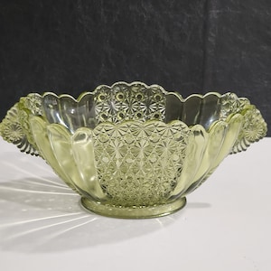 Vintage Early Fenton Glass Green Oval Bowl Daisy and Buttons With Footing