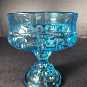 Beautiful Blue King&#39;s Crown Thumb Print Pedestal Candy Dish/Compote Bowl 1970s