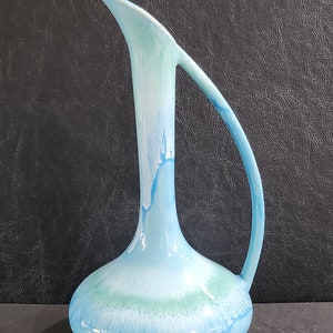 Rare Find Vintage Dryden Studio Art Pottery Ewer Blue Green Turquoise Drip Glaze Finish
