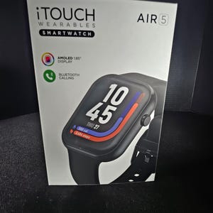 May include: A black iTouch Air 5 smartwatch in its packaging. The watch face displays the time, date, and activity metrics. The box features the brand name, product details, and icons for display and Bluetooth calling.