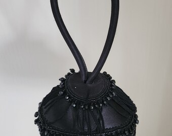 Unique Black Satin La Royale Ball Shaped With Fringe And Bead Work Vintage Evening Bag