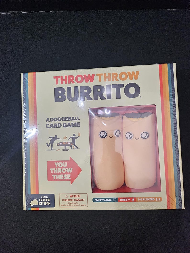 May include: A box for the Throw Throw Burrito card game, a dodgeball card game by Exploding Kittens. The box shows two cartoon burritos with faces, and the text "You Throw These".