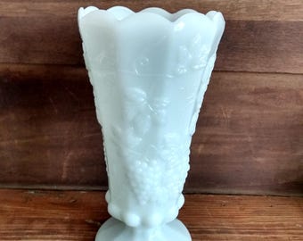 9" Milk Glass Vase Vintage with Embossed Grapes Footed
