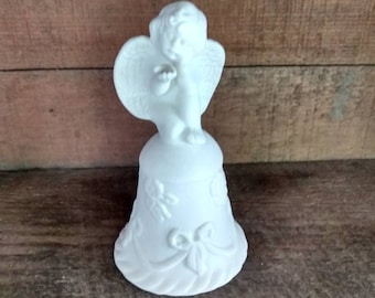 Vintage White Bisque Porcelain Bell Angel with Flowers and Ribbons