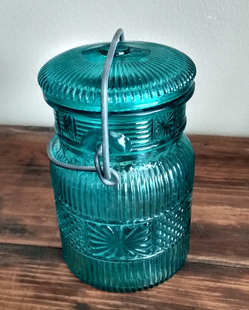 Avon Vintage Jar Aqua Blue Green Glass Wire Bail Handle Etsy