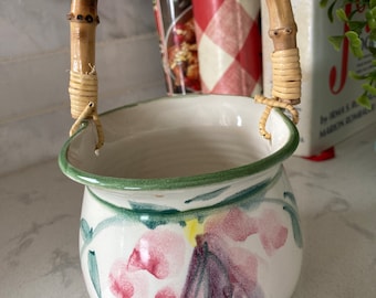 Vintage Signed Pottery/ Unique Pottery basket/ Pottery with hand painted flowers