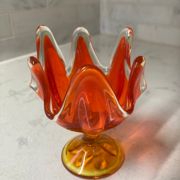 Vintage Viking Swung Glass Pedestal/ Finger orange footed dish