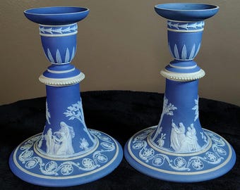 Rare Pair Antique Wedgwood Etruria Light Blue Jasperware Candlesticks 6" 1894 Neo Classical Christian