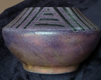 90s 9" Raku UFO Vase Art Deco Lines Copper Tone Royal Purple Black Ohio Studio Artist Jim Reymer Instructor