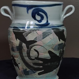 Vintage Signed Japanese Studio Pottery Vase 8" Porcelain Slip on Stoneware Pastel & Black