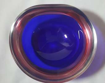 Flavio Poli Seguso Sommerso Art Glass Bowl: Cobalt & Rose, Murano 1960s