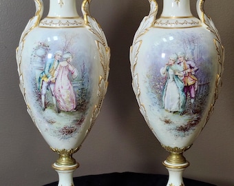 c1890 Pair French Sèvres Porcelain Bronze Mounted Hand Painted Urns Signed A. Hété Embossed Encrusted Gold Gilt 18"