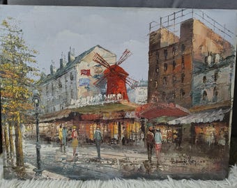 Oryginał z podpisem Henri Royer (1869-1938) „Moulin Rouge” Olej na płótnie Ekran francuskiej ulicy 16 × 12 cali