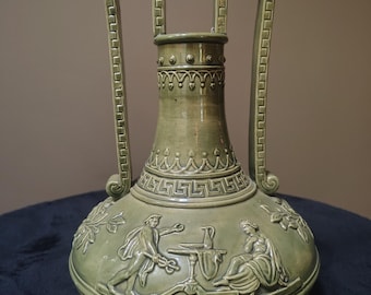 Rare 19th Century Gerbing & Stephan Austrian Carved Double Handle Majolica Amphora Vase w/ Greek Motifs
