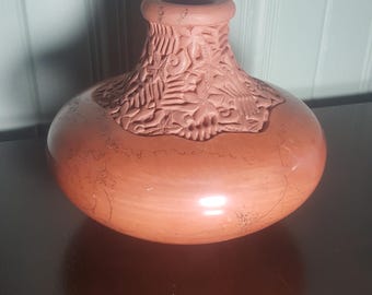 Pit Fired Red Clay Vase: Etched Unglazed Ceramic, Signed Studio Pottery