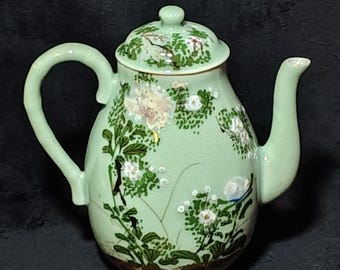 19th Century Meiji Seto Ware Teapot Celadon Ground w/ Enameled Flowers & Foliage