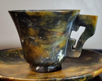 Antique Qing Chinese Hand Carved Moss Agate Demitasse Cup & Saucer Set Rare 155g