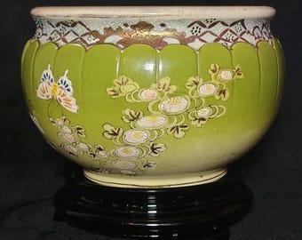 Late Meiji Satsuma Jardiniere or Bonzai Pot Floral Design with Butterflies 4.5" Handmade Antique