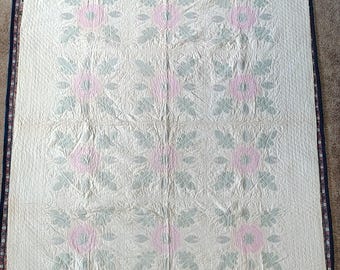 Antique 19th Century American Rose Of Sharon Applique Block Quilt Ohio Wedding Dowry C. 1850 68" × 86"