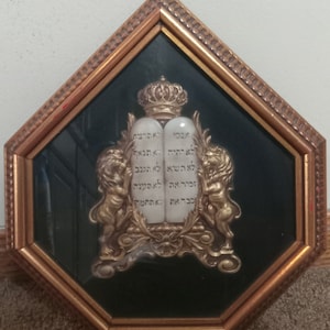 Vintage Hebrew Ten Commandments Scroll on Black Velvet with Lion Motif and Royal Crown in Ornate Antiqued Gilded Frame