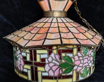 OOAK 50s Lamp Fashion Mfg. Co. Hand Leaded Stained Glass Chandelier Nunziato Paletta - Frank Lloyd Wright Style Hydrangea 14"
