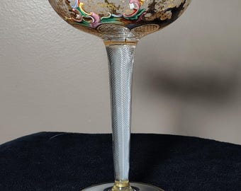 Rare C. 1890 Moser Champagne Coupe Long Multi Air Twist Stem Enameled Gilt Signed Art Nouveau
